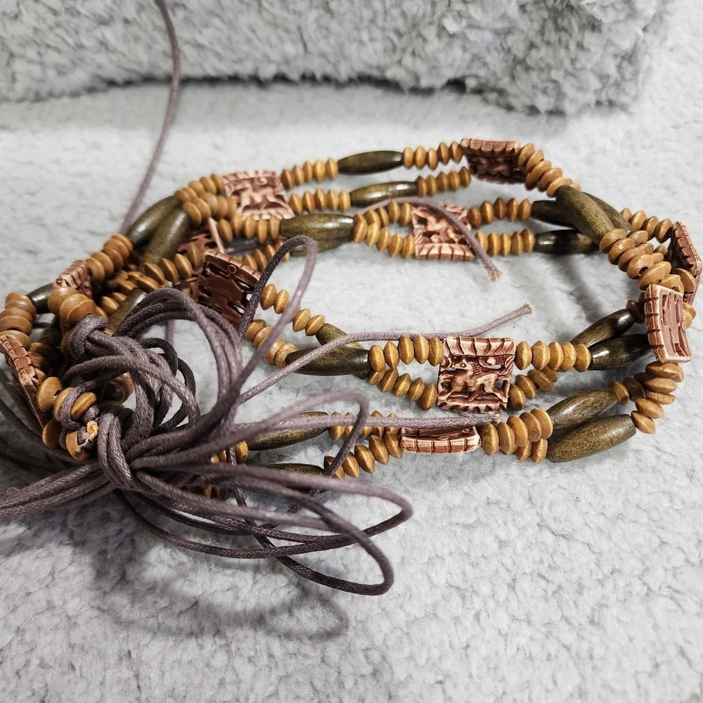 Vintage Wooden Beaded Safari Belt Tie 90s Boho Tribal Zoo Year of the wood horse